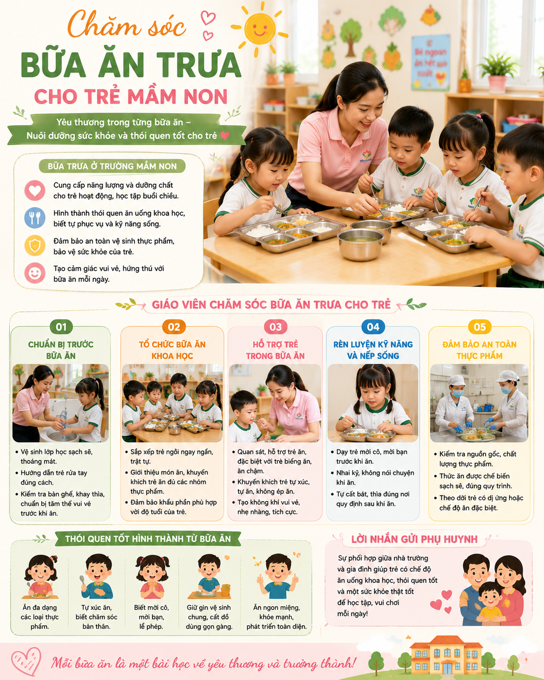 Bữa trưa ở trường mầm non – Nơi cô giáo nuôi dưỡng sức khỏe và thói quen tốt cho trẻ